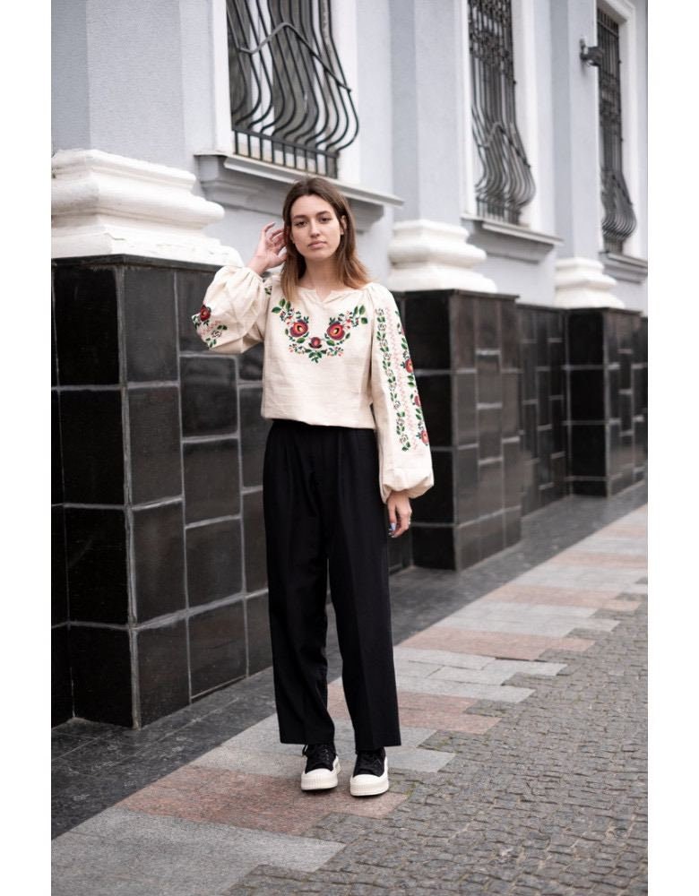Beige Linen Ukrainian Vyshyvanka Blouse - Bohemian Embroidered Ethnic Shirt