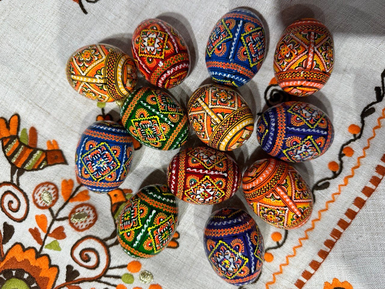 Set of 12 Hand-Painted Ukrainian Pysanky Wooden Easter Eggs - Traditional Christmas Ornaments
