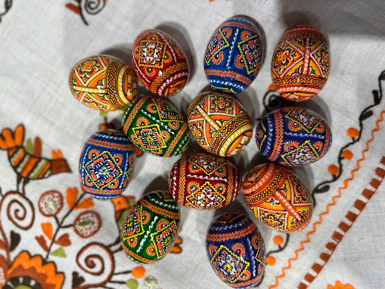 Set of 12 Hand-Painted Ukrainian Pysanky Wooden Easter Eggs - Traditional Christmas Ornaments