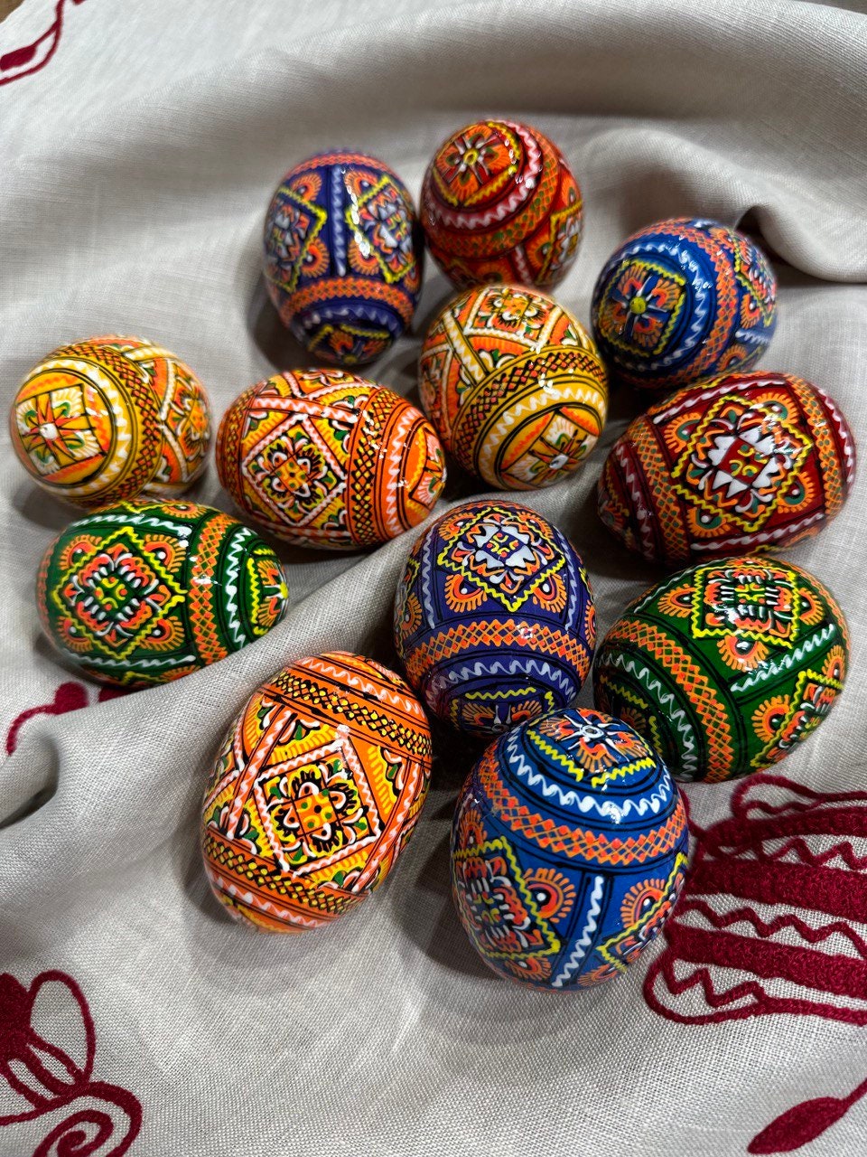 Set of 12 Hand-Painted Ukrainian Pysanky Wooden Easter Eggs - Traditional Christmas Ornaments