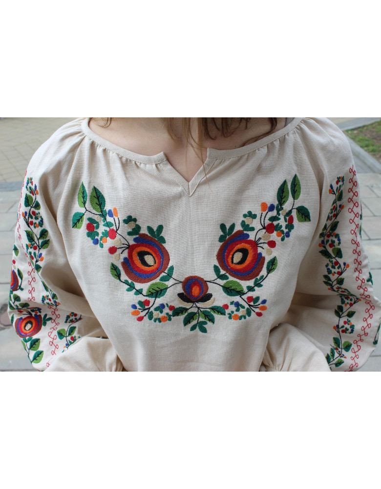 Beige Linen Ukrainian Vyshyvanka Blouse - Bohemian Embroidered Ethnic Shirt