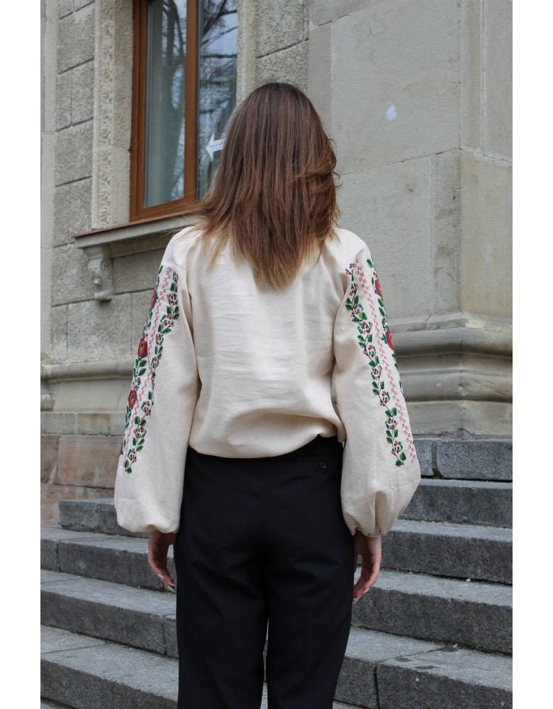 Beige Linen Ukrainian Vyshyvanka Blouse - Bohemian Embroidered Ethnic Shirt
