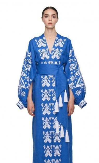 Ukrainian Embroidered Vyshyvanka Boho Blue Linen Dress