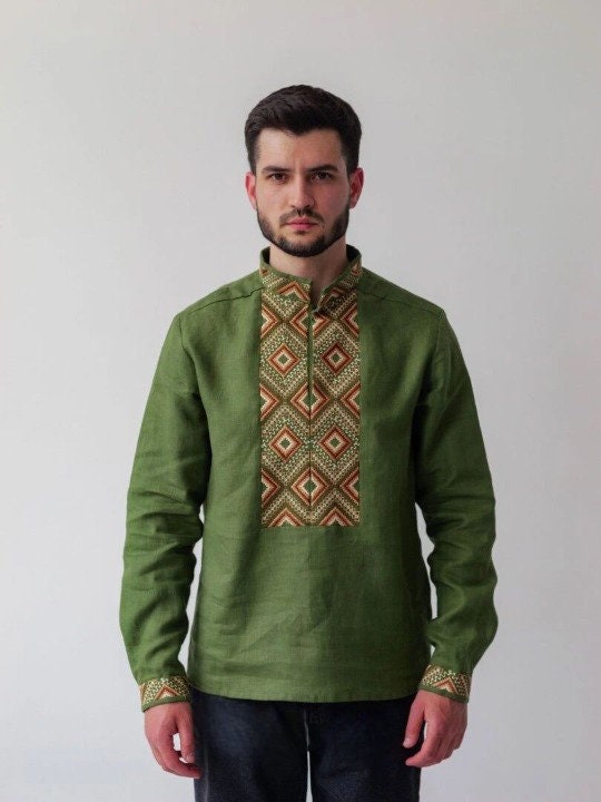 Men's Green Linen Embroidered Ukrainian Vyshyvanka Shirt