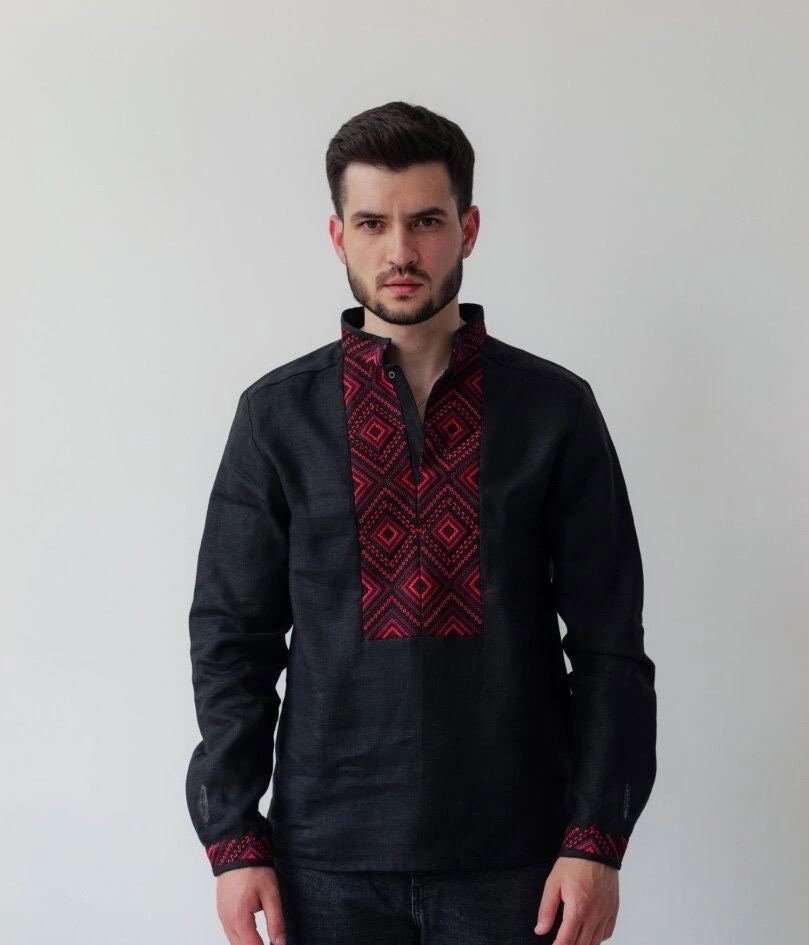 Men's Black Ukrainian Vyshyvanka Shirt with Red Embroidery
