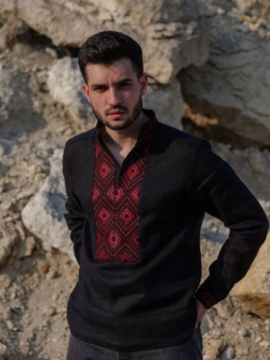 Men's Black Ukrainian Vyshyvanka Shirt with Red Embroidery