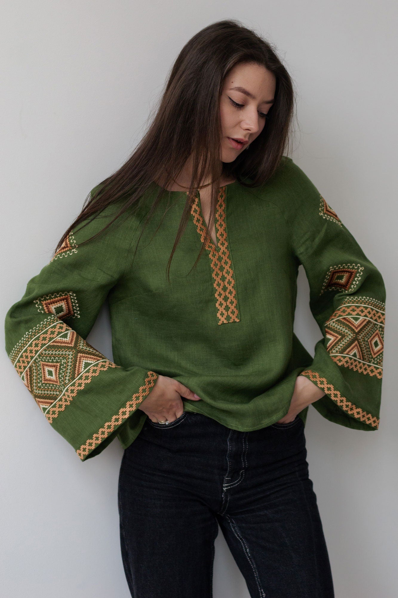 Green Ukrainian Vyshyvanka Blouse with Black Embroidery - Bohemian Ethnic Shirt