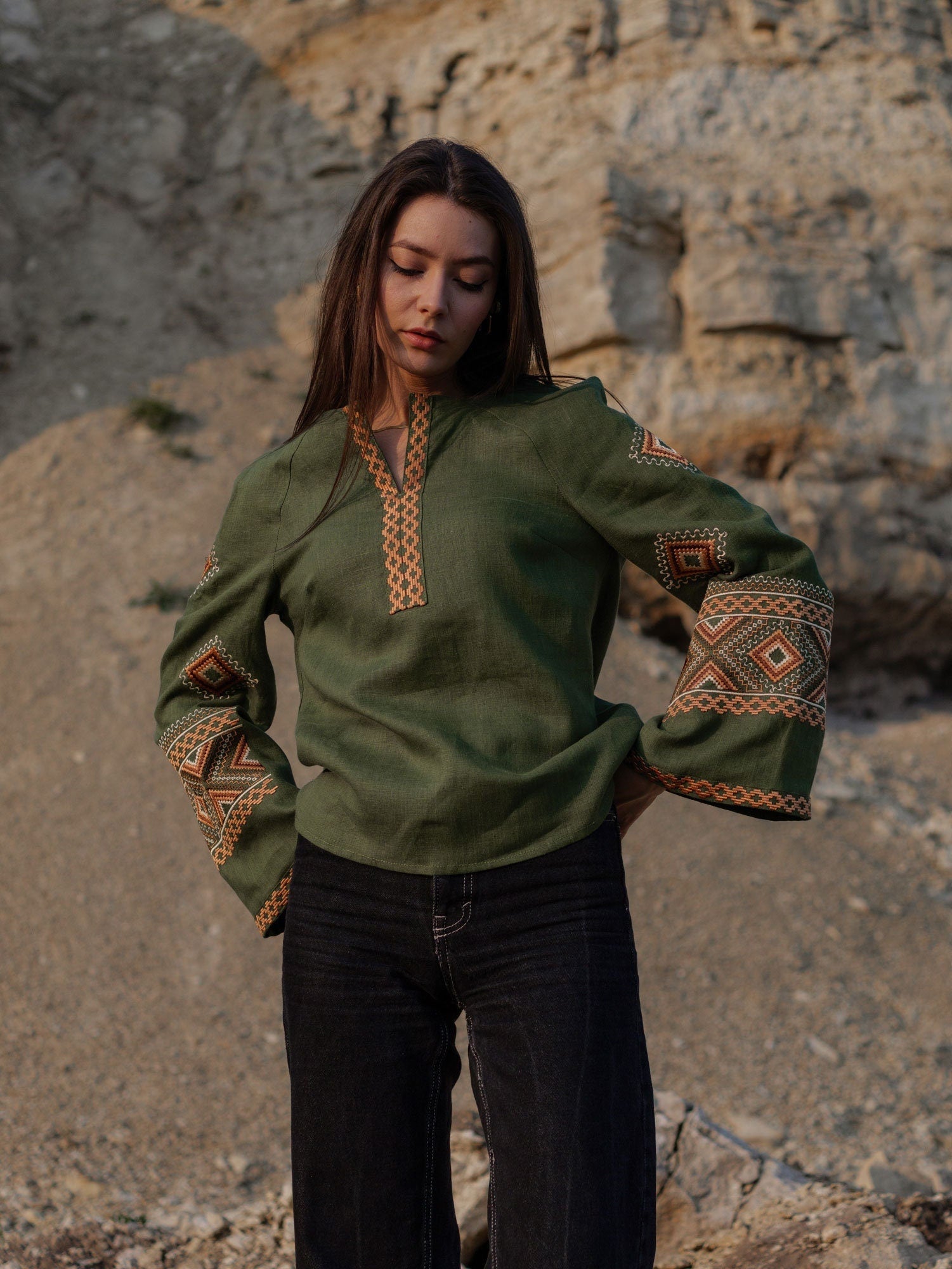 Green Ukrainian Vyshyvanka Blouse with Black Embroidery - Bohemian Ethnic Shirt