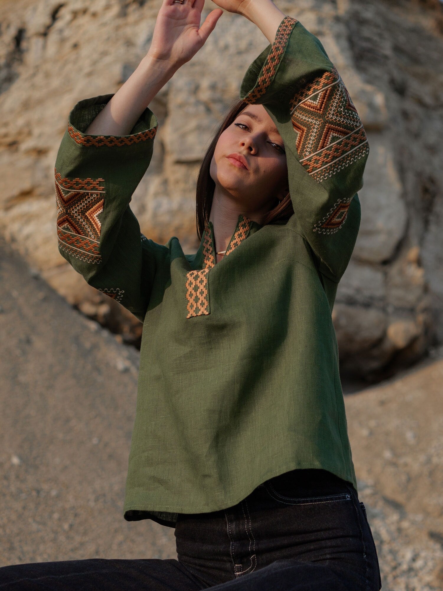 Green Linen Ukrainian Vyshyvanka Blouse - Embroidered Women's Top