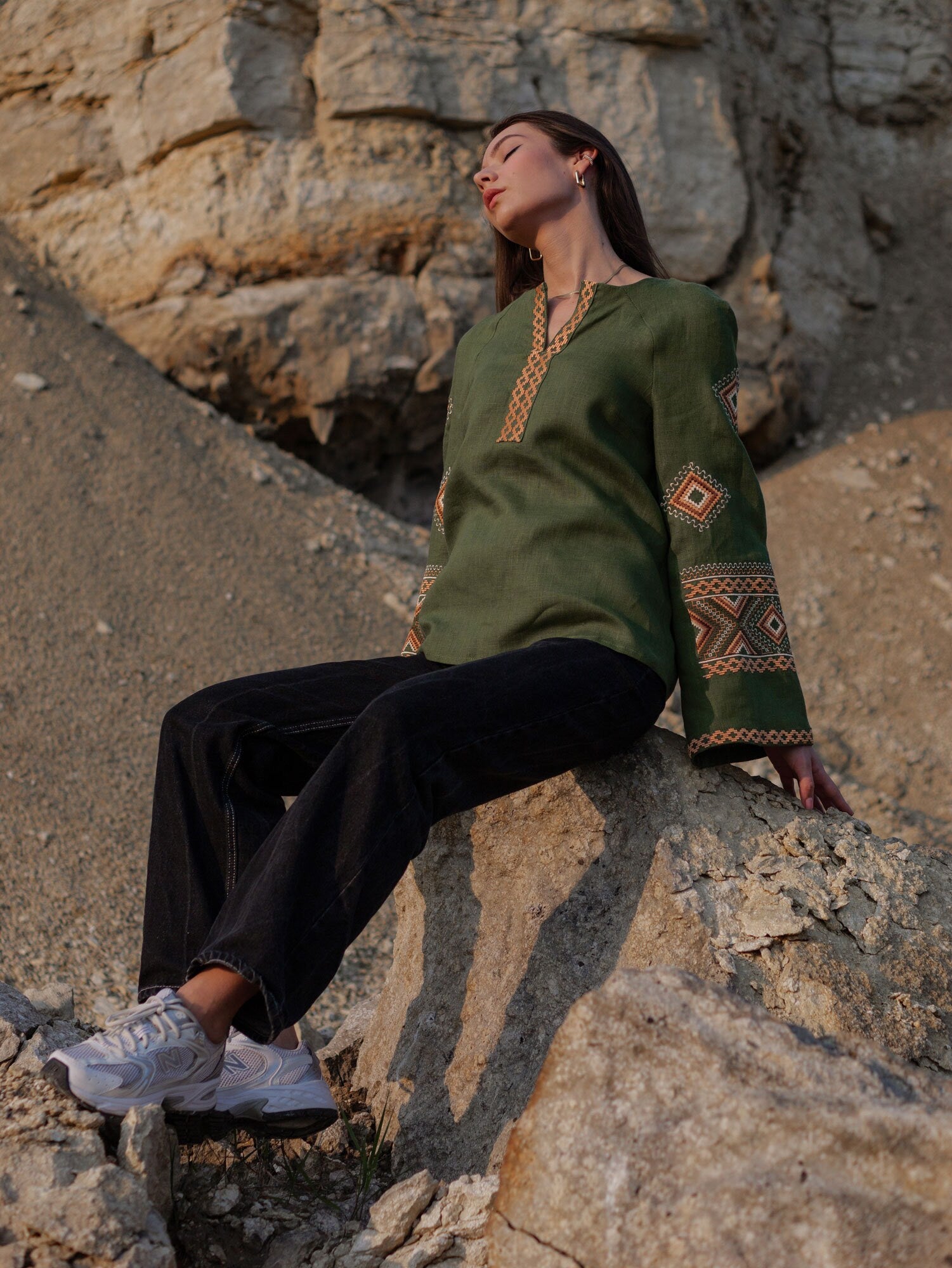 Green Linen Ukrainian Vyshyvanka Blouse - Embroidered Women's Top