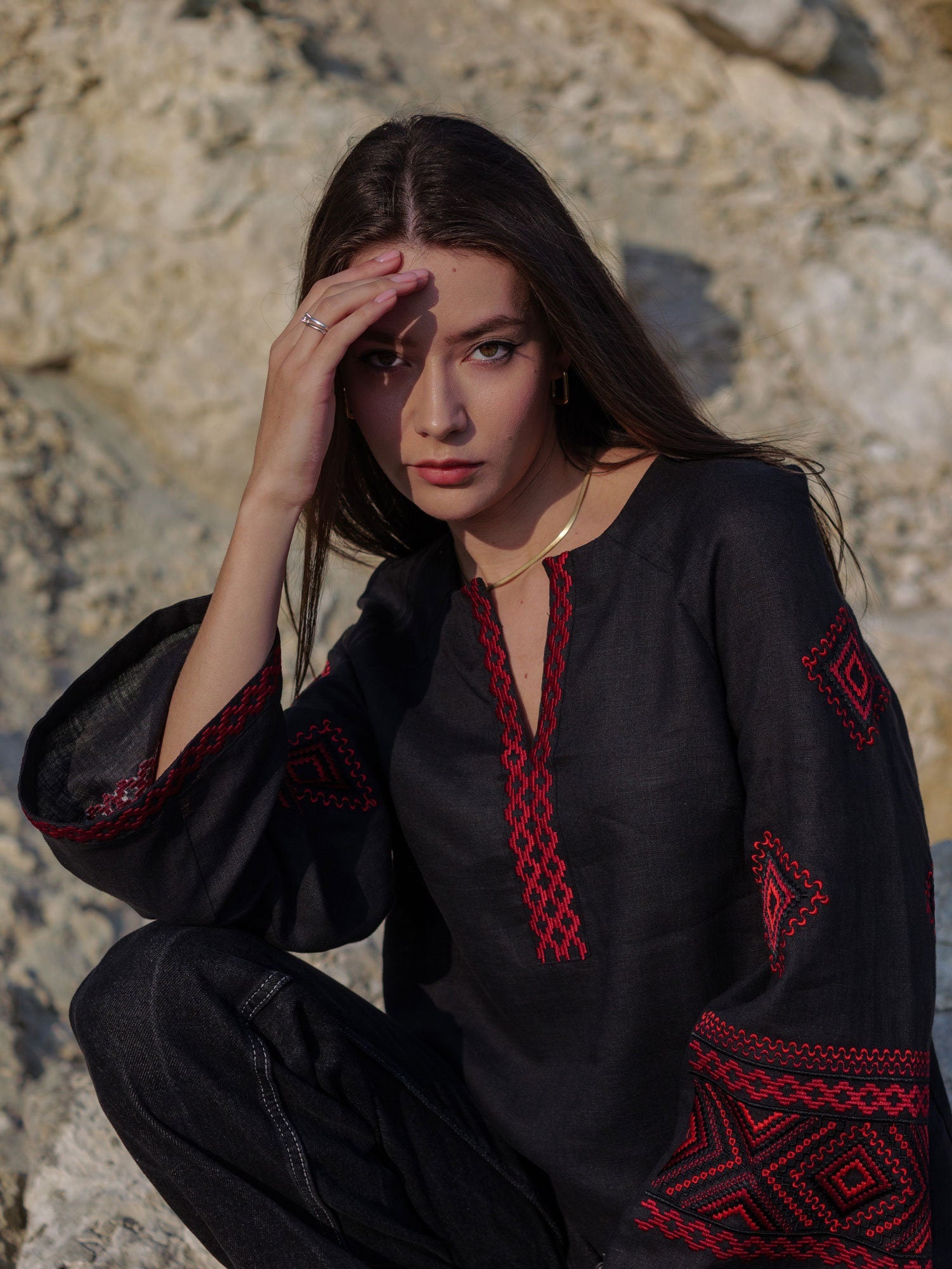Black Linen Ukrainian Vyshyvanka Blouse with Red Embroidery - Women's Embroidered Top