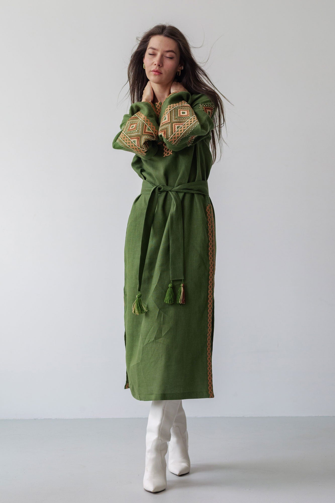 Embroidered Green Ukrainian Vyshyvanka Dress - Boho Style Women's Clothing
