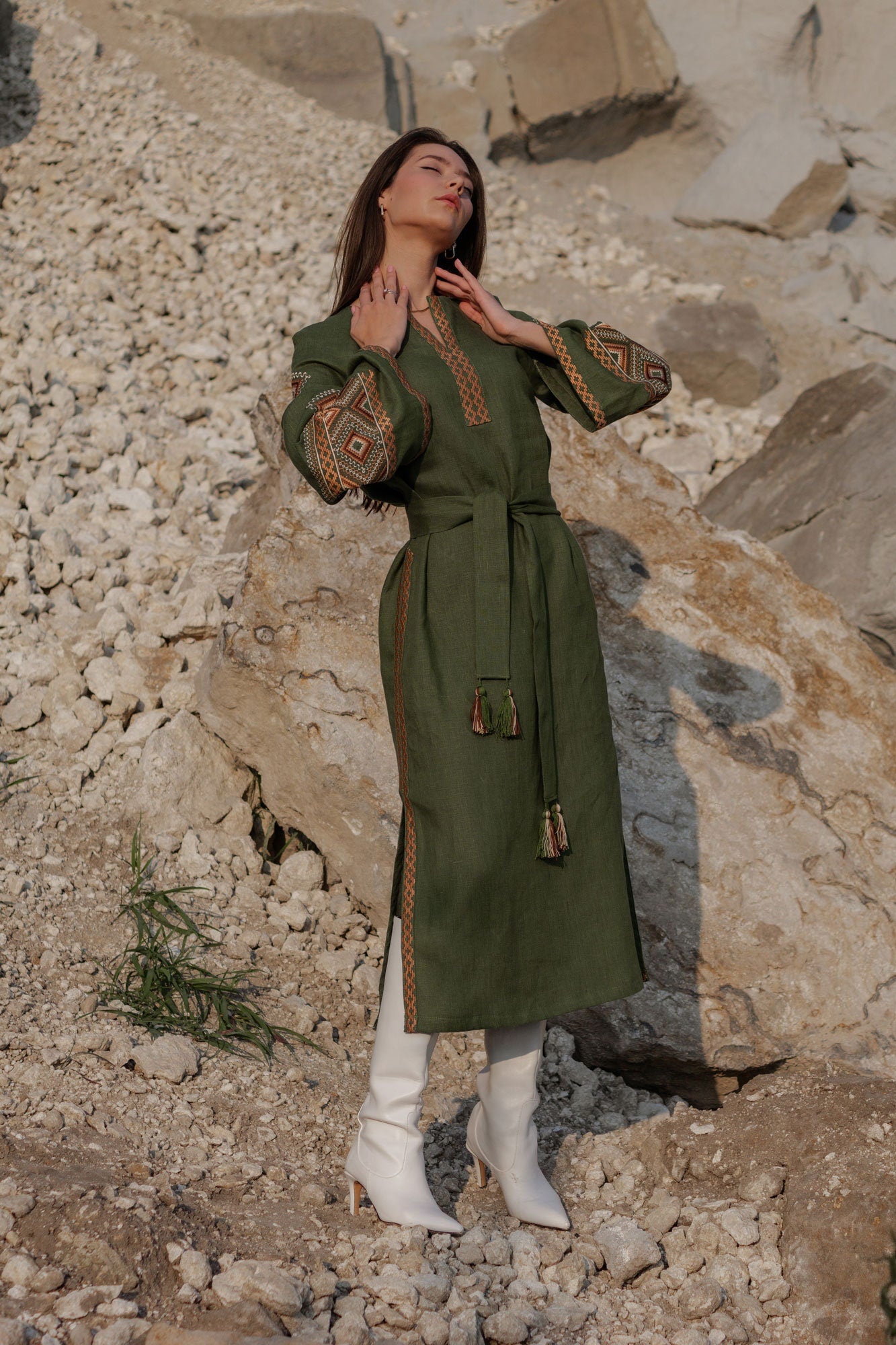 Embroidered Green Ukrainian Vyshyvanka Dress - Boho Style Women's Clothing