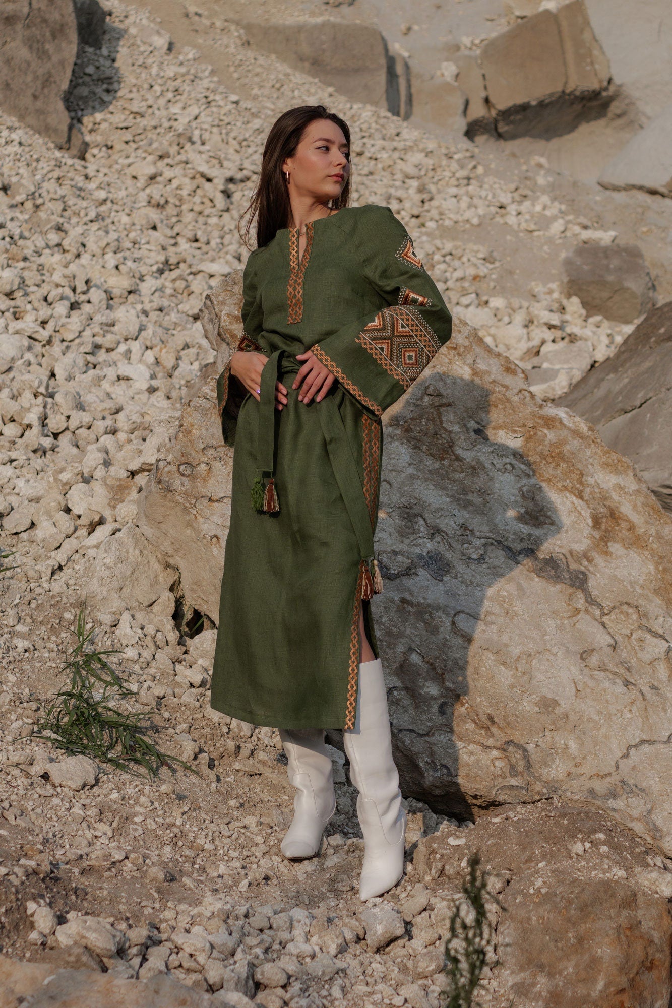 Embroidered Green Ukrainian Vyshyvanka Dress - Boho Style Women's Clothing