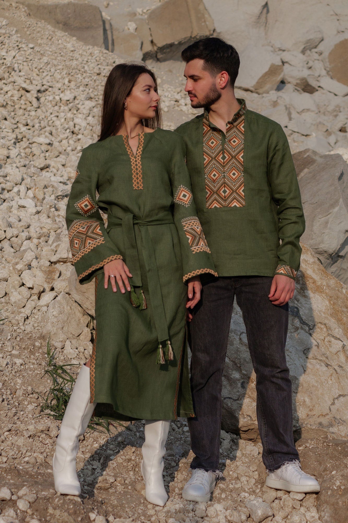 Embroidered Green Ukrainian Vyshyvanka Dress - Boho Style Women's Clothing