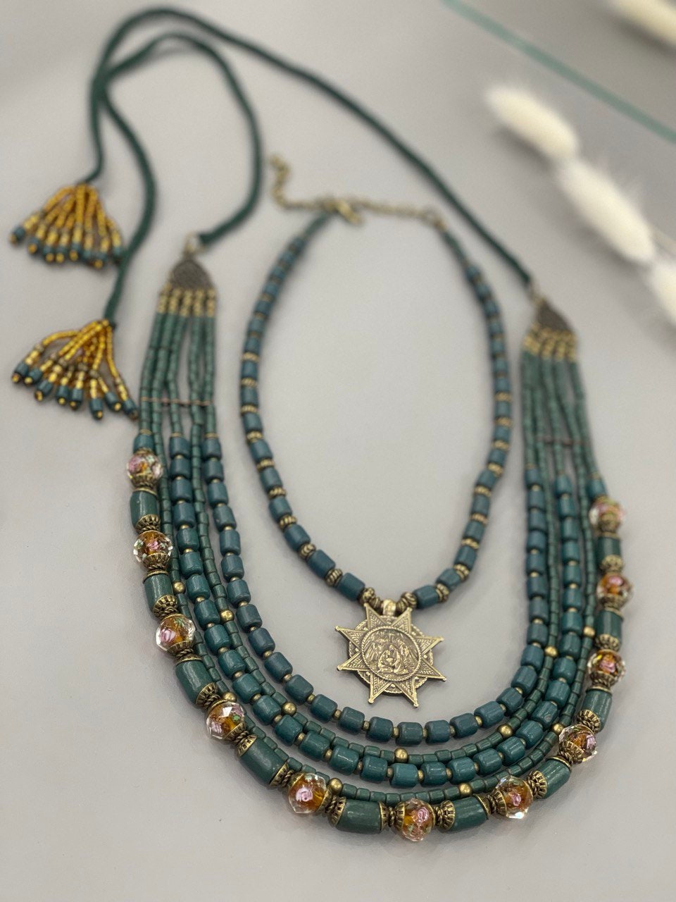 Handmade Green Ukrainian Ceramic Necklace - Antique Agate Ethnic Jewelry