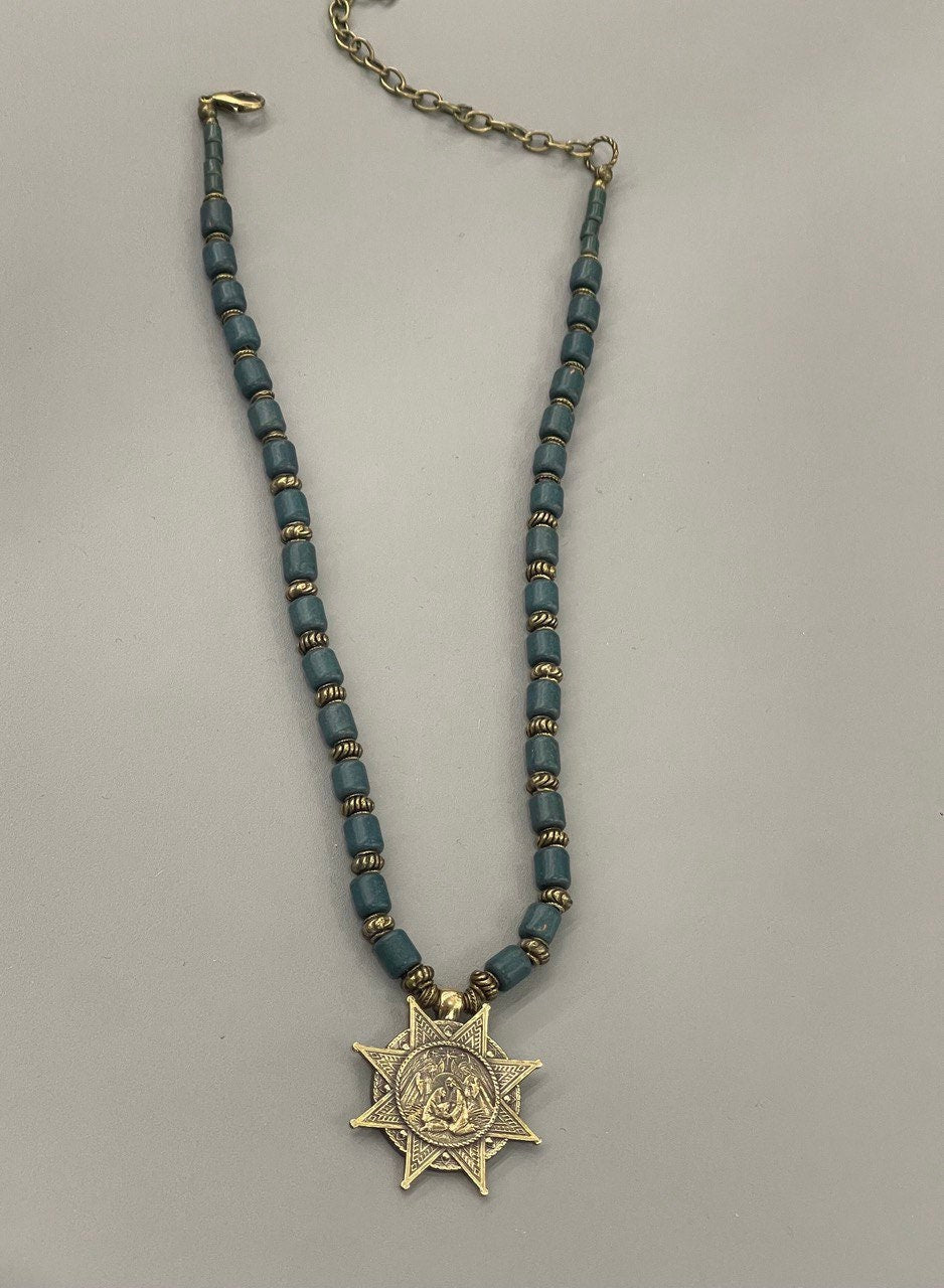 Handmade Green Ukrainian Ceramic Necklace - Antique Agate Ethnic Jewelry