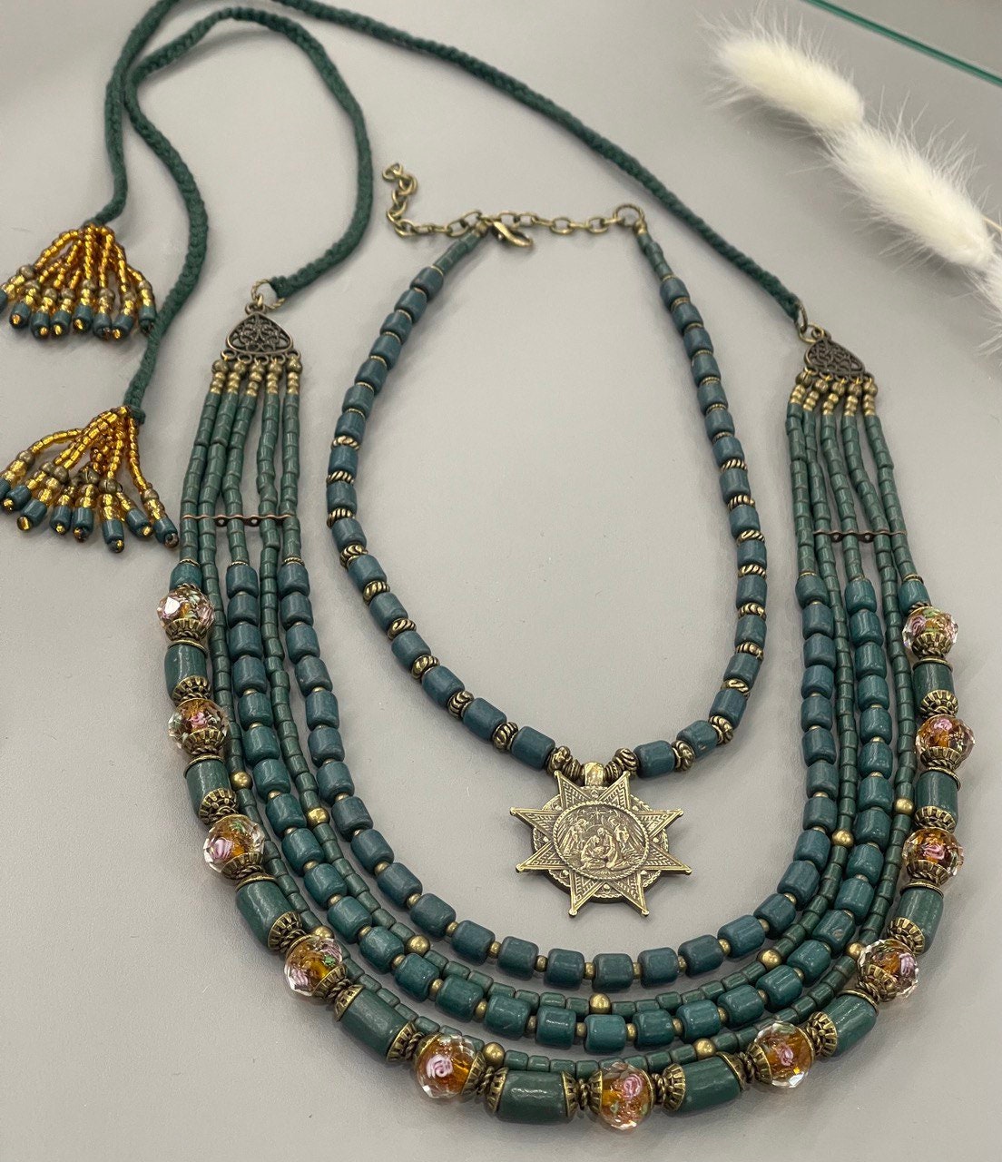 Handmade Green Ukrainian Ceramic Necklace - Antique Agate Ethnic Jewelry
