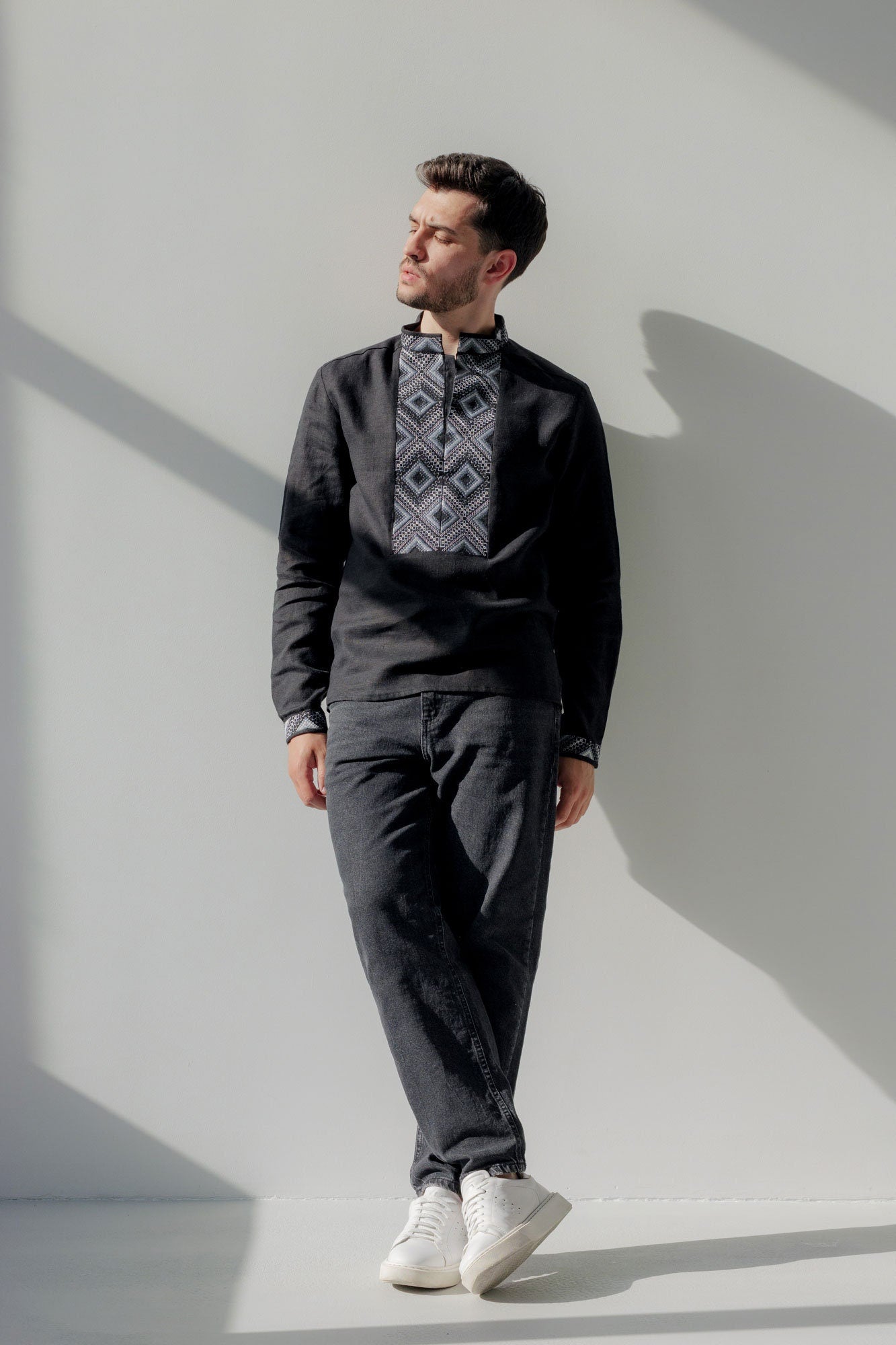 Black Ukrainian Embroidered Vyshyvanka Shirt for Men - Bohemian Ethnic Style for Easter