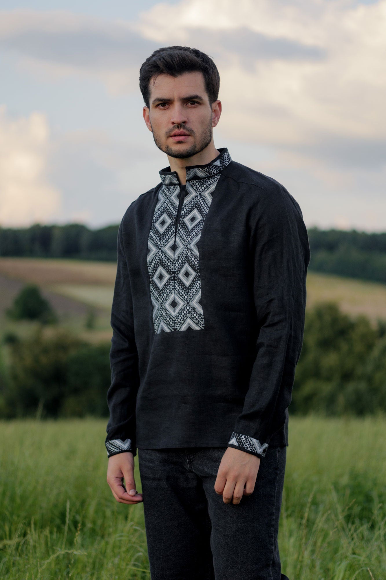 Black Ukrainian Embroidered Vyshyvanka Shirt for Men - Bohemian Ethnic Style for Easter