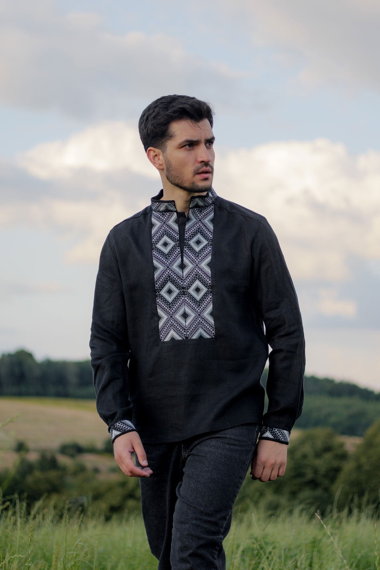 Black Ukrainian Embroidered Vyshyvanka Shirt for Men - Bohemian Ethnic Style for Easter