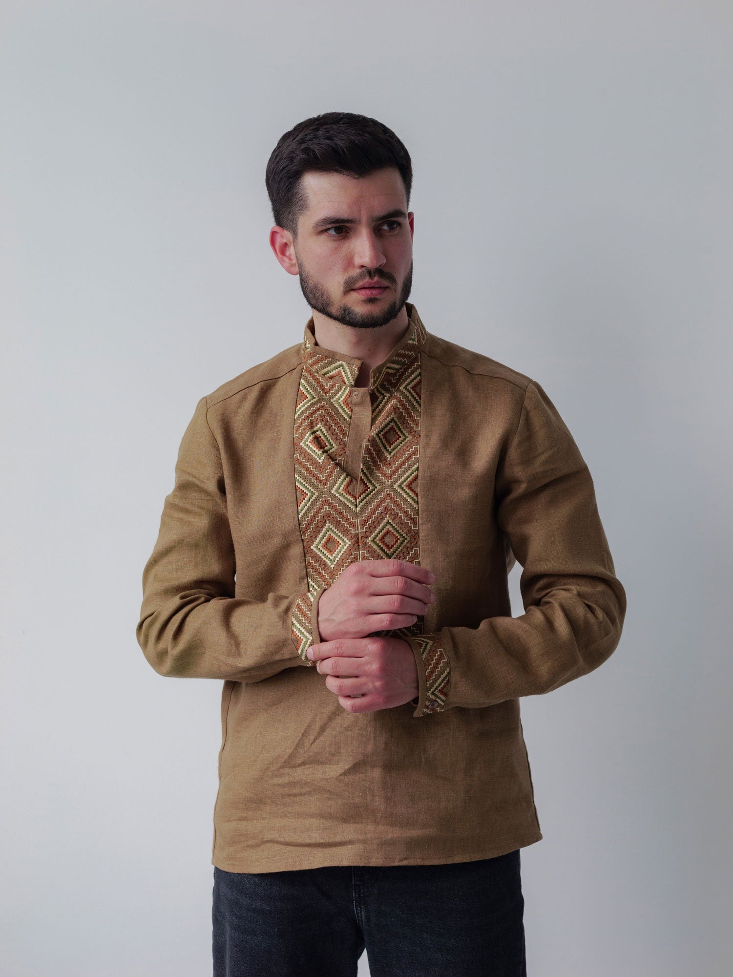 Men's Brown Ukrainian Linen Vyshyvanka Shirt