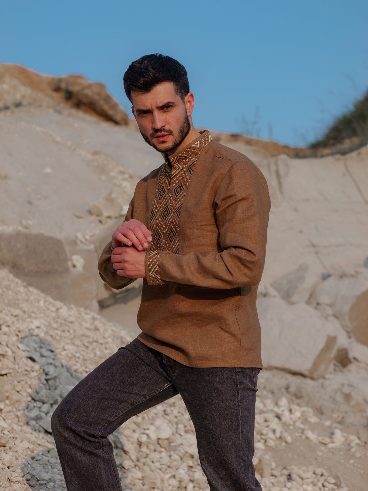 Men's Brown Ukrainian Linen Vyshyvanka Shirt