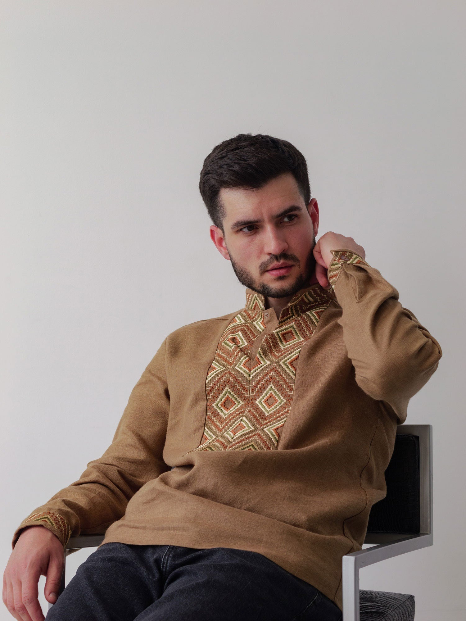 Men's Brown Ukrainian Linen Vyshyvanka Shirt
