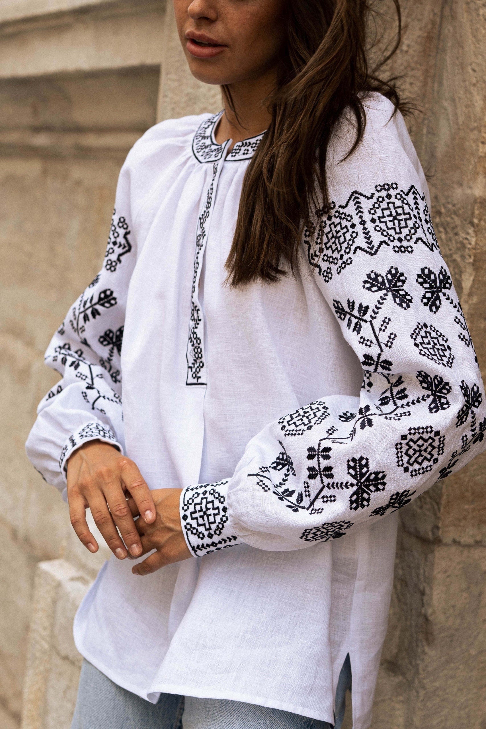 White Linen Ukrainian Vyshyvanka Blouse - Embroidered Women’s Shirt
