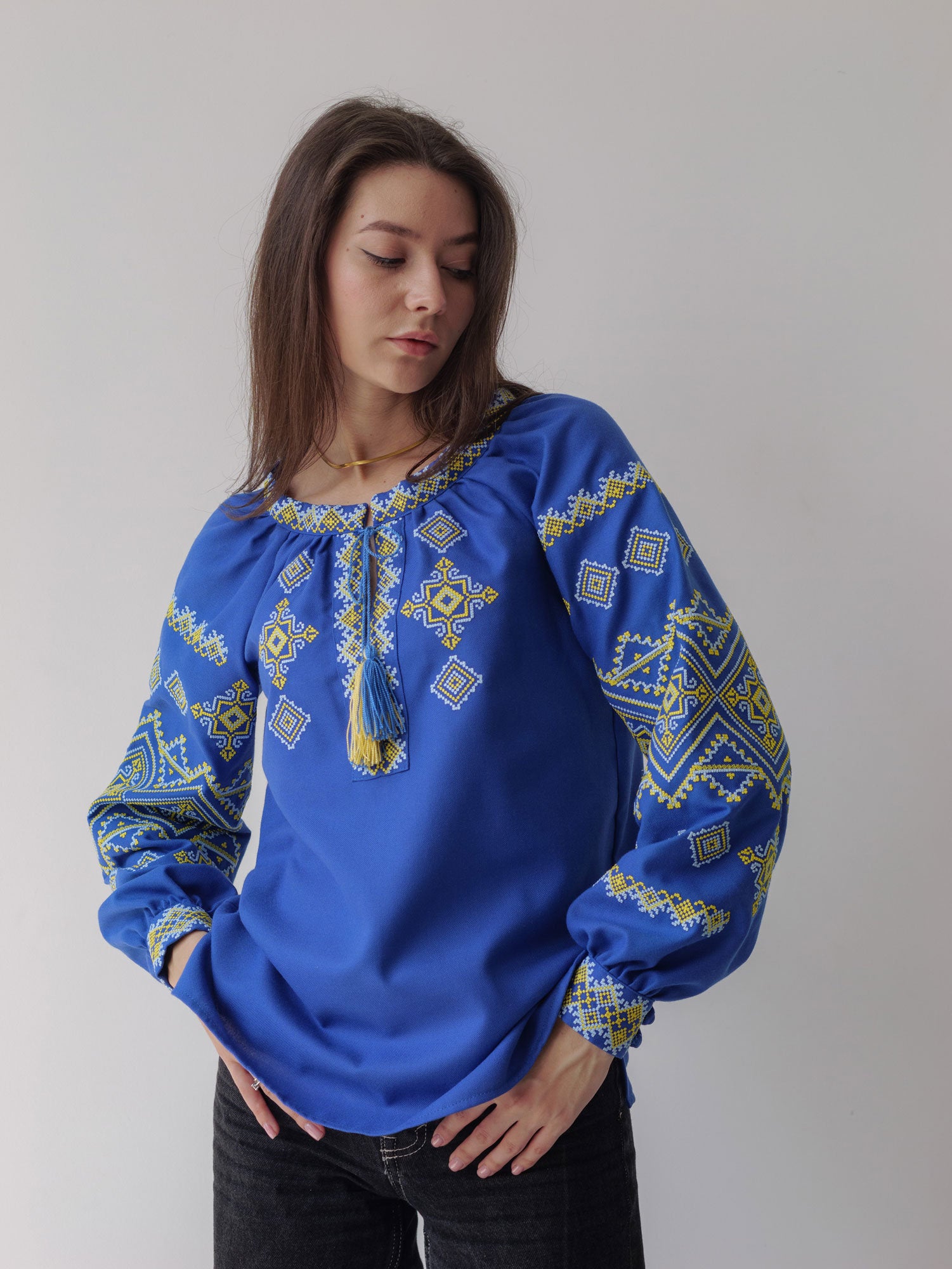 Ukrainian Vyshyvanka Blue Blouse with Embroidery | Bohemian Ethnic Shirt