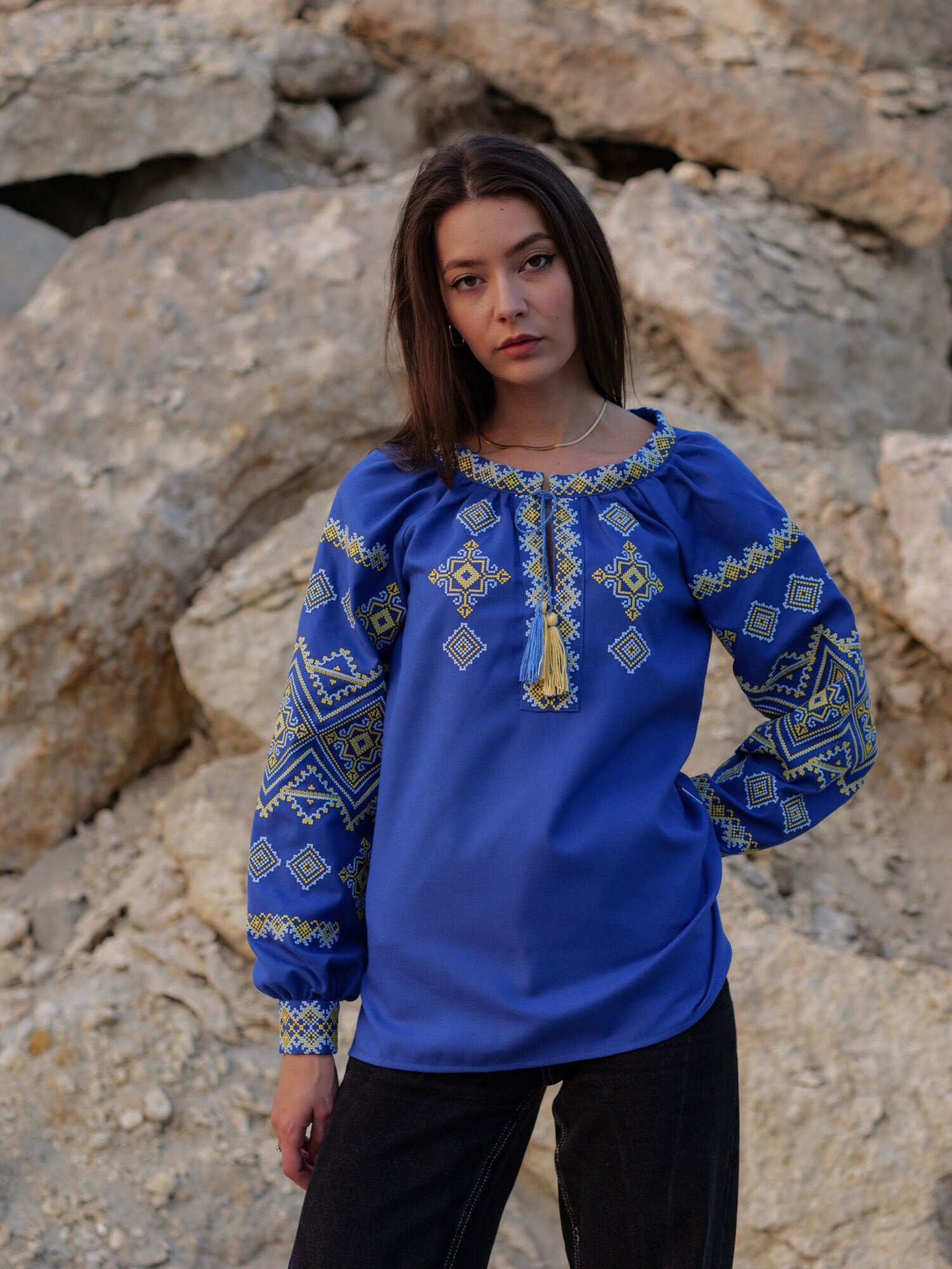 Ukrainian Vyshyvanka Blue Blouse with Embroidery | Bohemian Ethnic Shirt