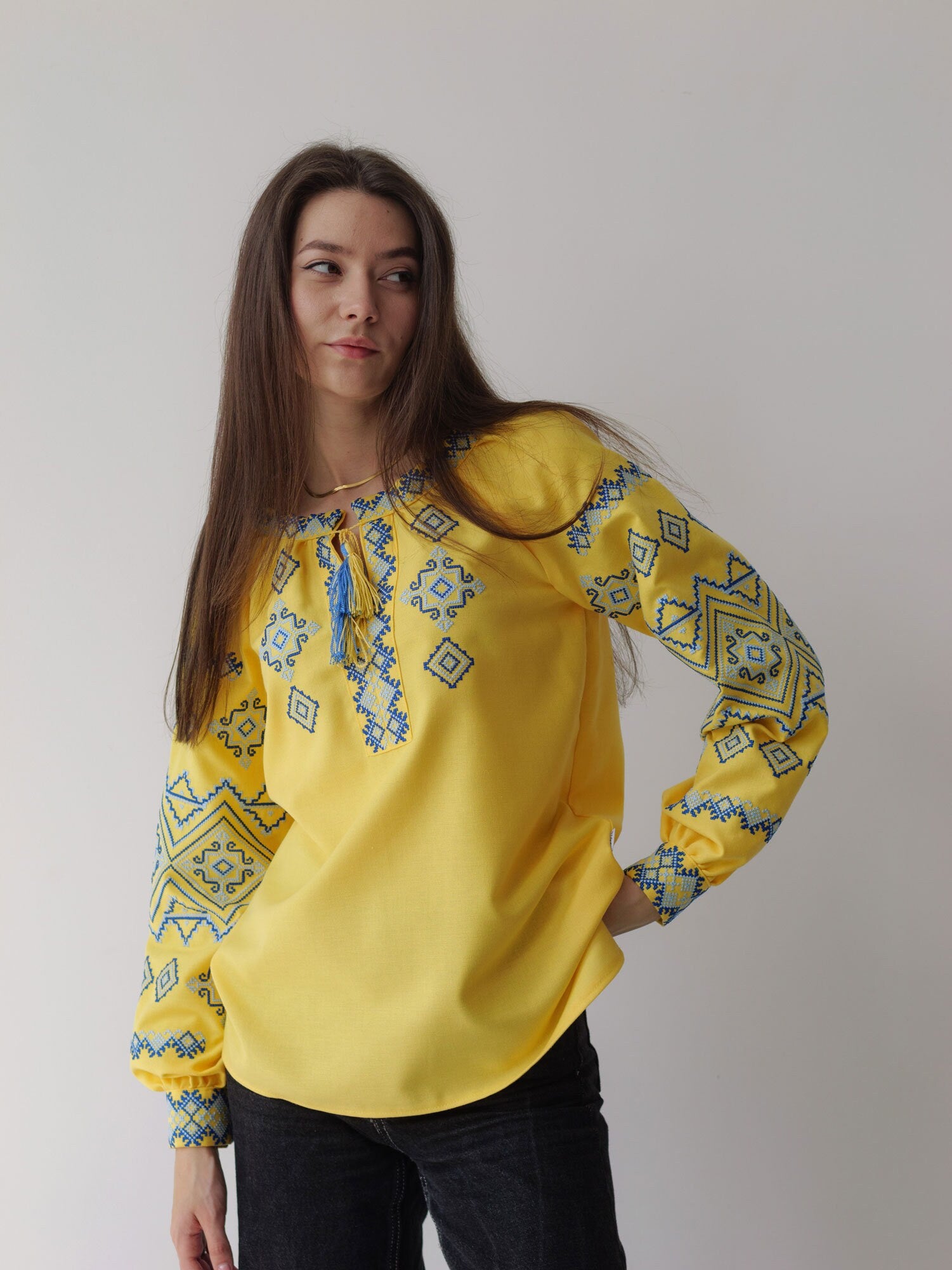 Yellow Ukrainian Vyshyvanka Blouse with Blue Embroidery - Bohemian Ethnic Shirt for Easter