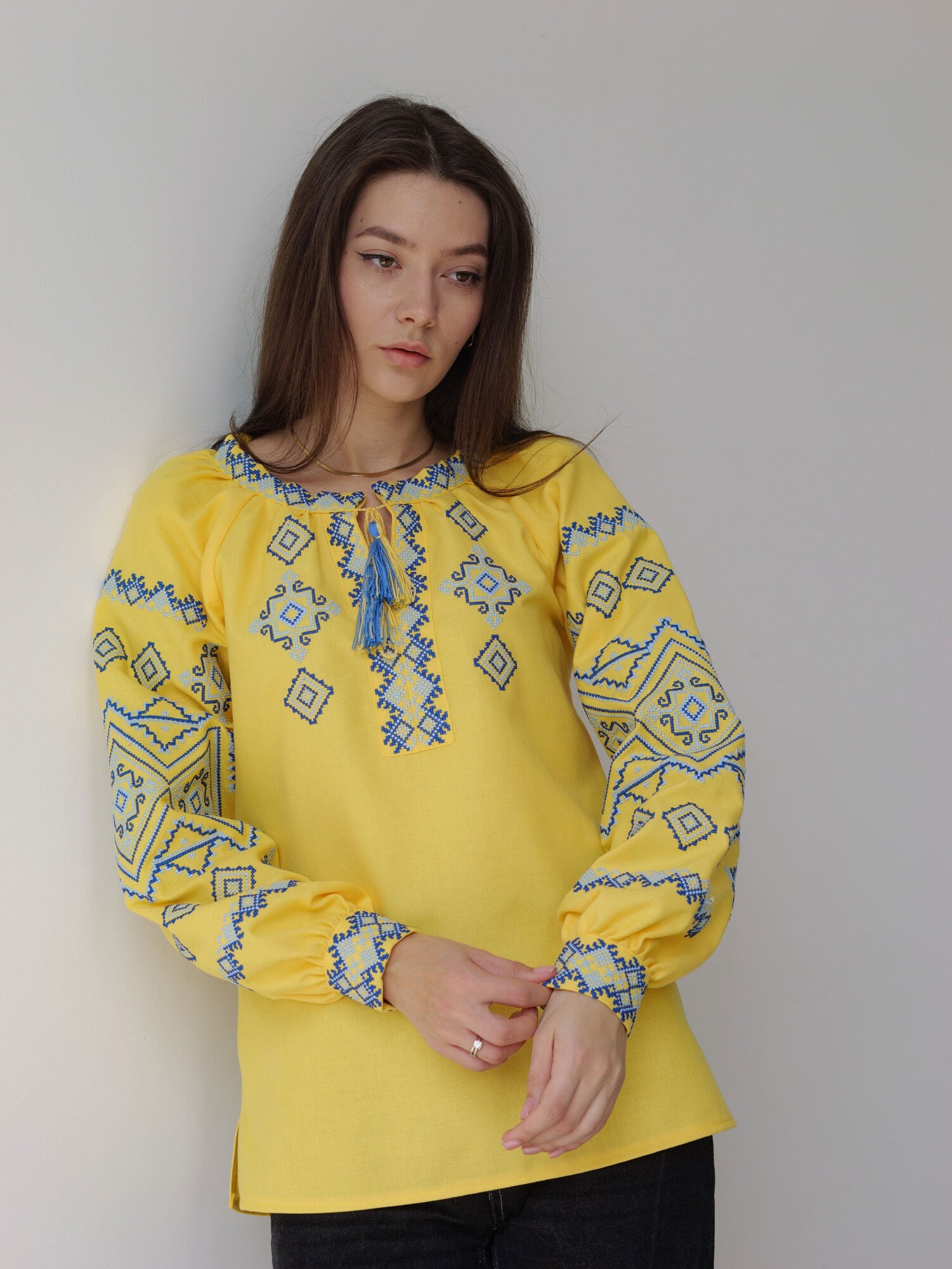 Yellow Ukrainian Vyshyvanka Blouse with Blue Embroidery - Bohemian Ethnic Shirt for Easter