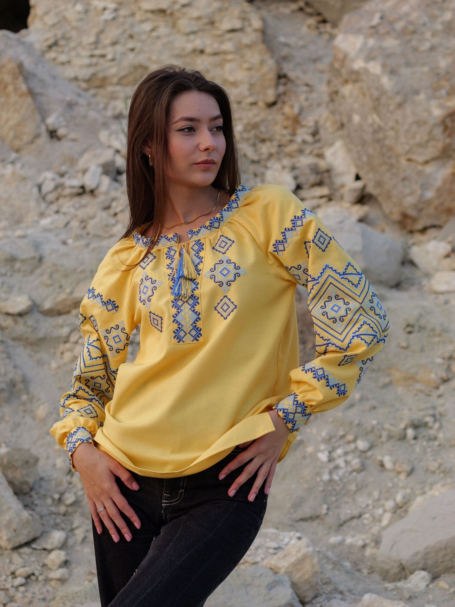 Yellow Ukrainian Vyshyvanka Blouse with Blue Embroidery - Bohemian Ethnic Shirt for Easter