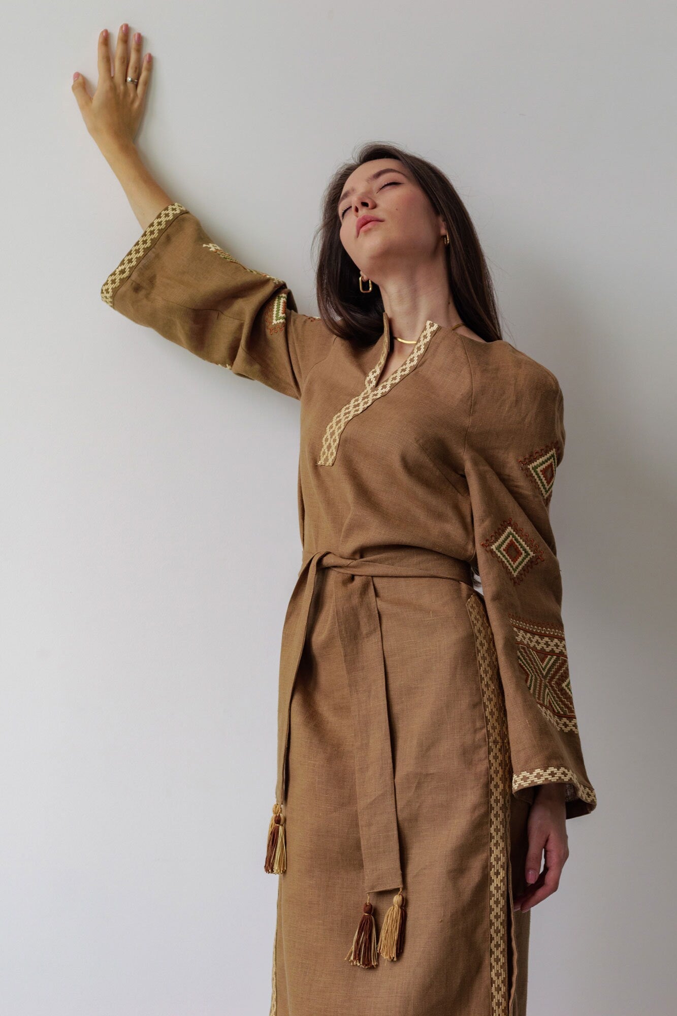 Vyshyvanka Linen Dress - Brown with Beige Embroidery for Girls