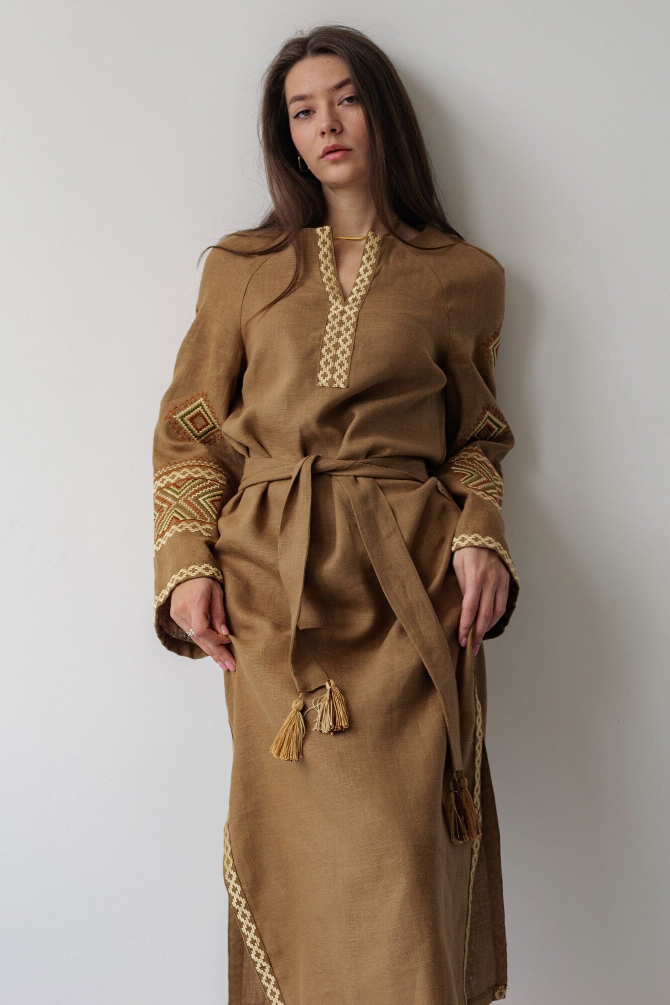 Vyshyvanka Linen Dress - Brown with Beige Embroidery for Girls