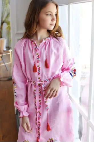 Pink Linen Ukrainian Vyshyvanka Dress for Girls Embroidered Dress