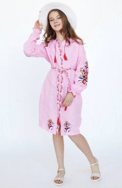 Pink Linen Ukrainian Vyshyvanka Dress for Girls Embroidered Dress