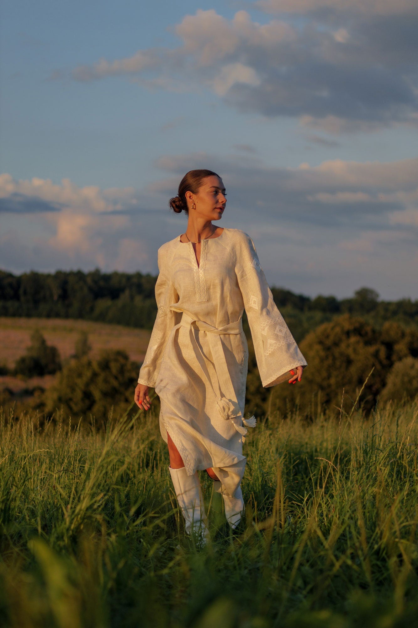 Mothers Day Milky Linen Vyshyvanka Dress with White Embroidery