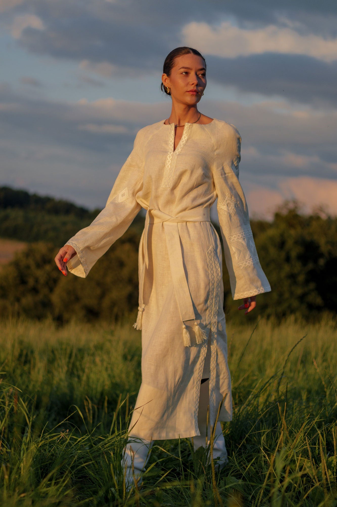 Mothers Day Milky Linen Vyshyvanka Dress with White Embroidery