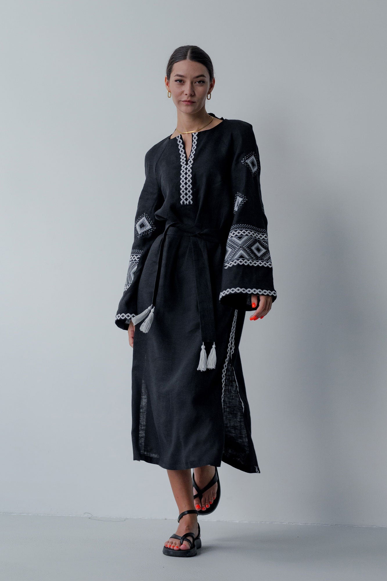 Mothers Day Black Linen Vyshyvanka Dress with Gray Embroidery