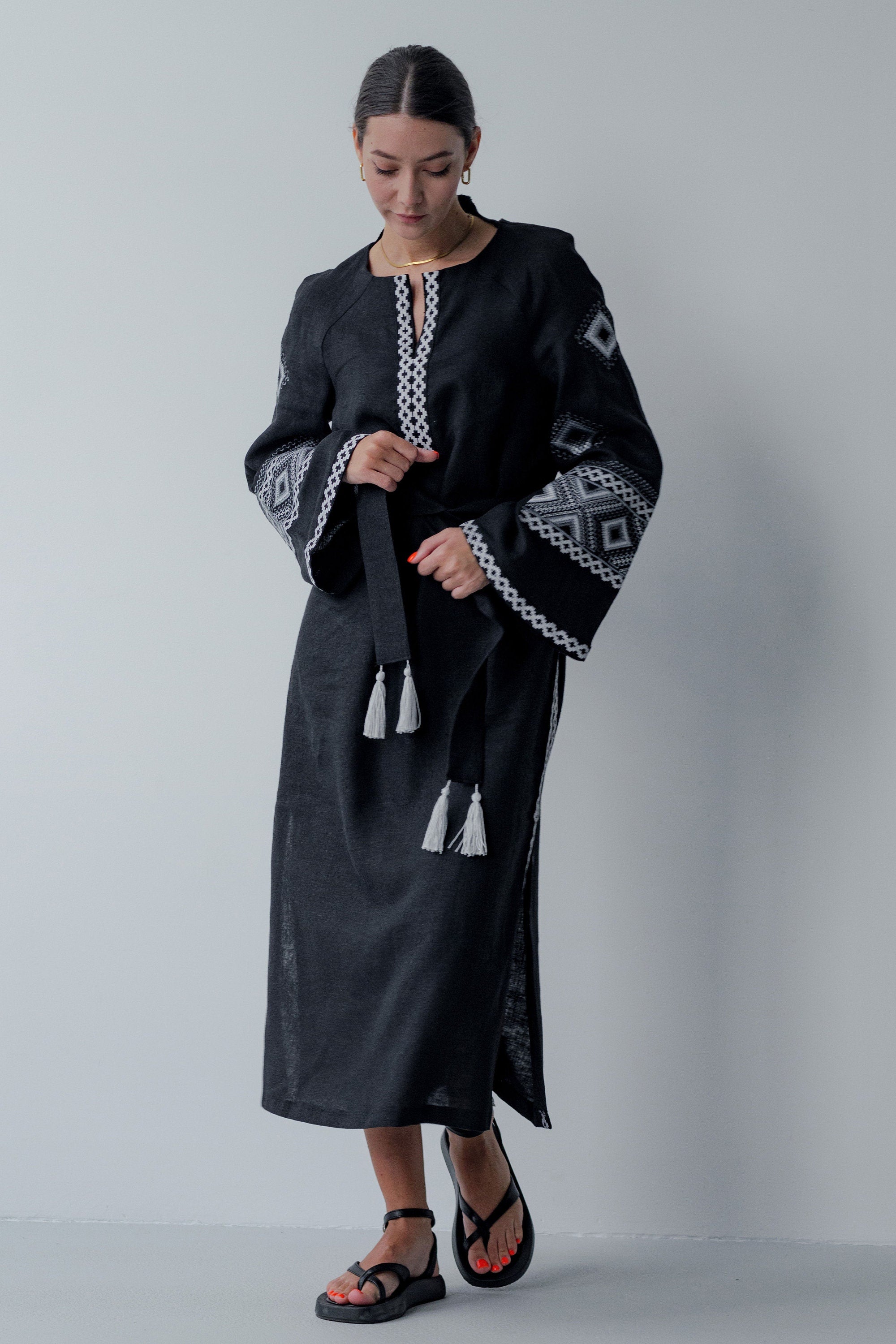 Mothers Day Black Linen Vyshyvanka Dress with Gray Embroidery