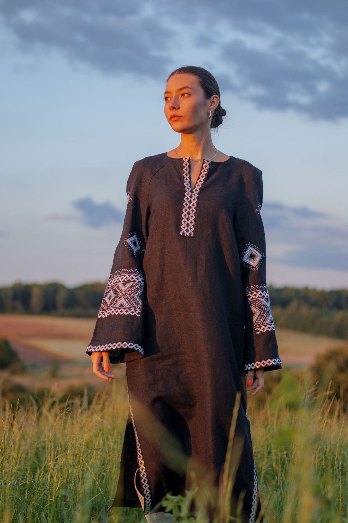 Mothers Day Black Linen Vyshyvanka Dress with Gray Embroidery