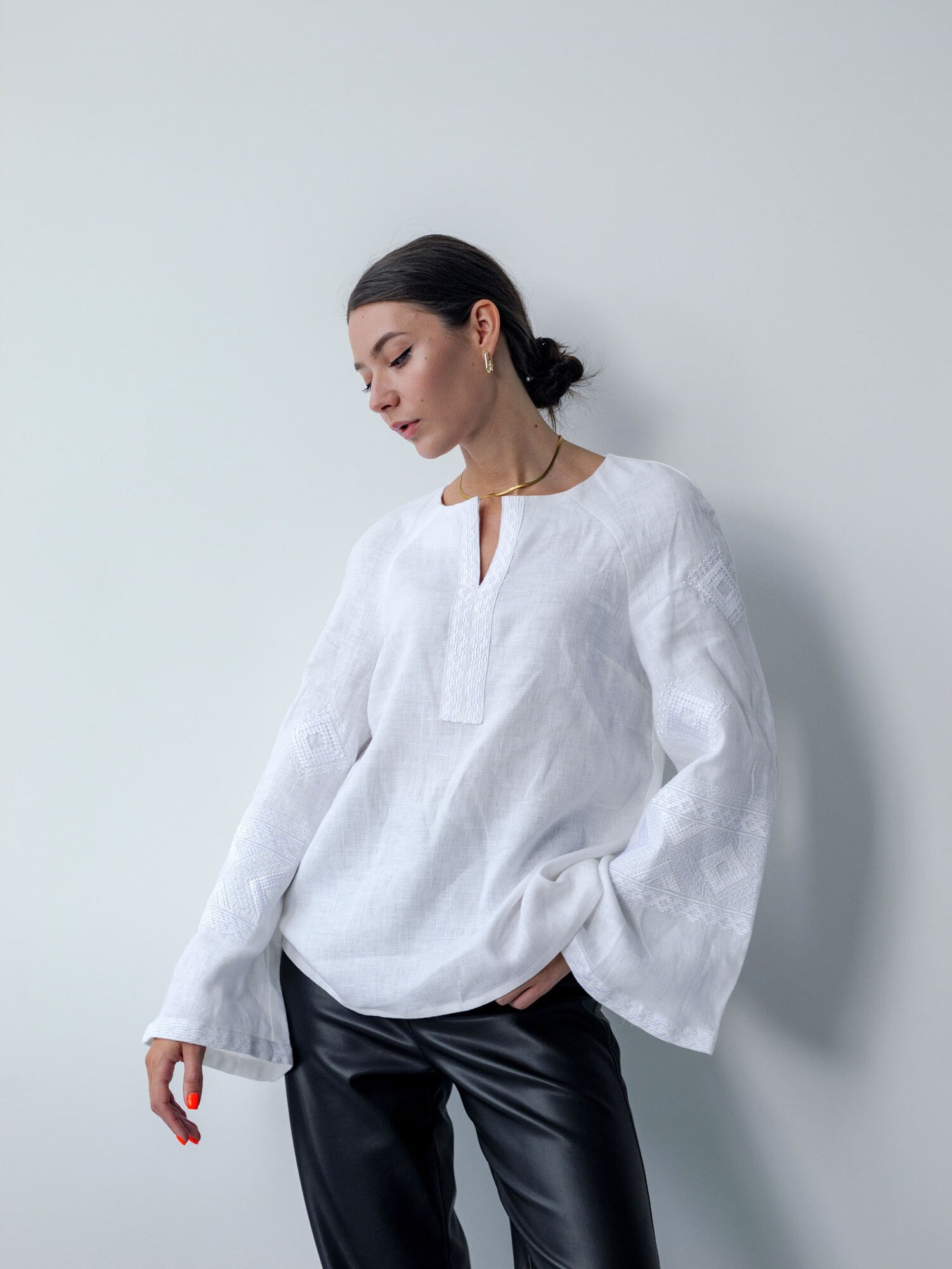 Mother's Day 2024 White Ukrainian Vyshyvanka Blouse with Embroidery - Bohemian Peasant Shirt