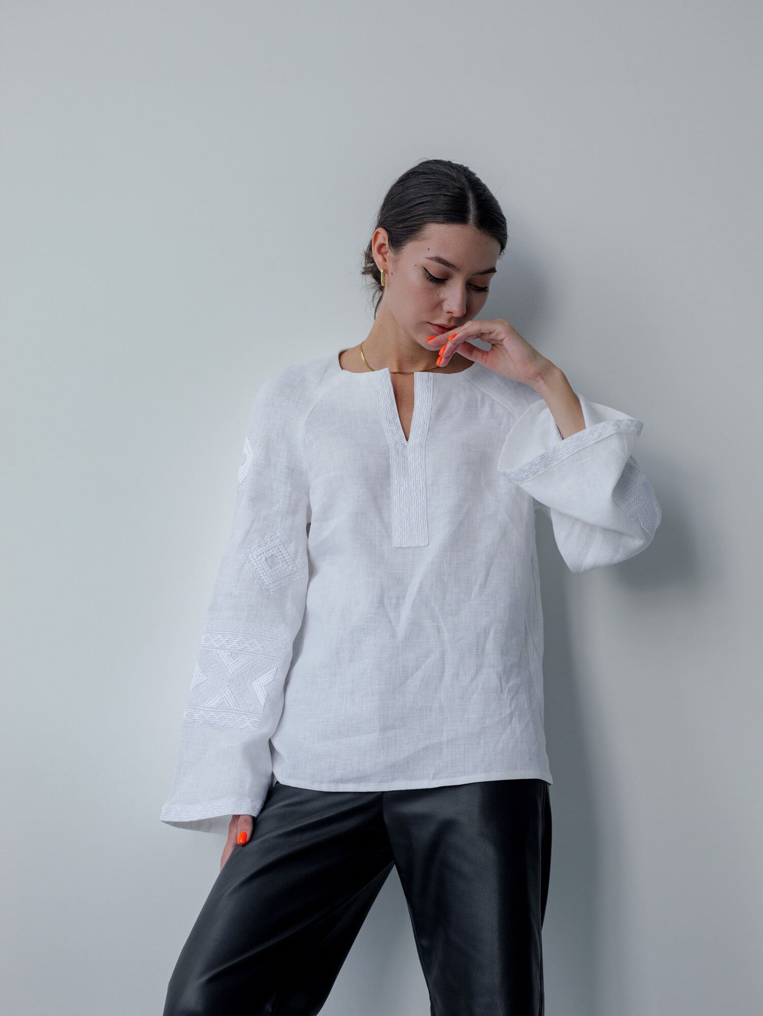 Mother's Day 2024 White Ukrainian Vyshyvanka Blouse with Embroidery - Bohemian Peasant Shirt