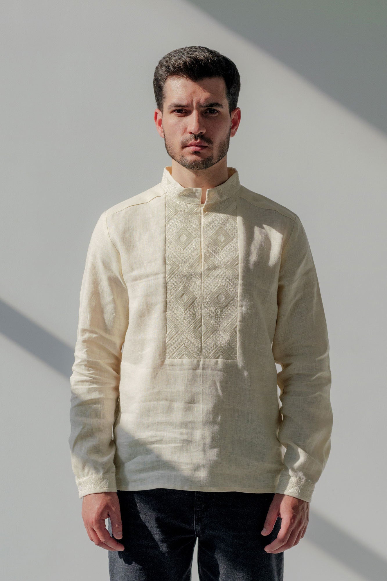Milky Linen Embroidered Vyshyvanka Shirt for Men - Traditional Ukrainian Style