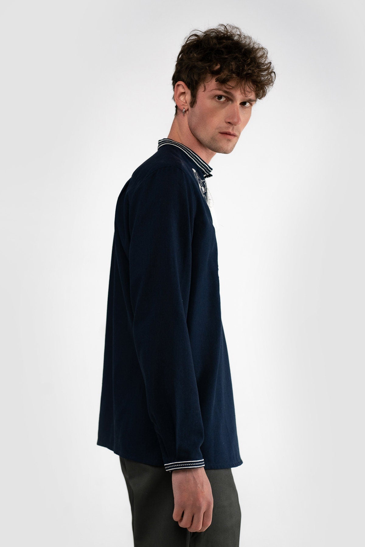 Dark Blue Embroidered Vyshyvanka Shirt for Men - Traditional Ukrainian Style