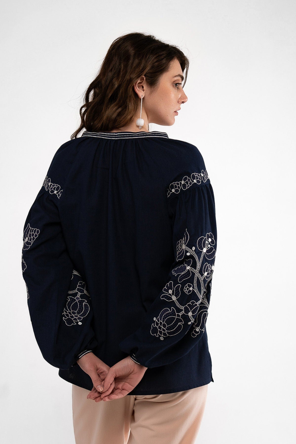 Dark Blue Ukrainian Vyshyvanka Blouse with White Embroidery - Bohemian Ethnic Shirt