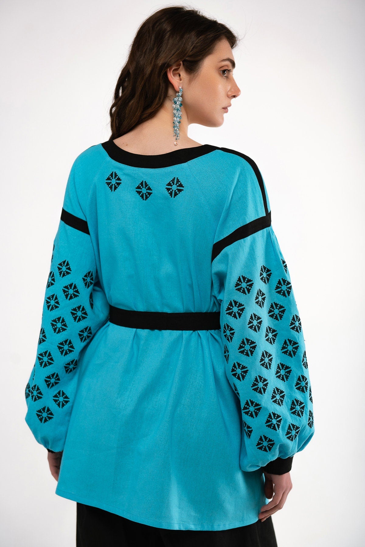 Ukrainian Vyshyvanka Blouse - Rich Blue with Black Embroidery Shirt