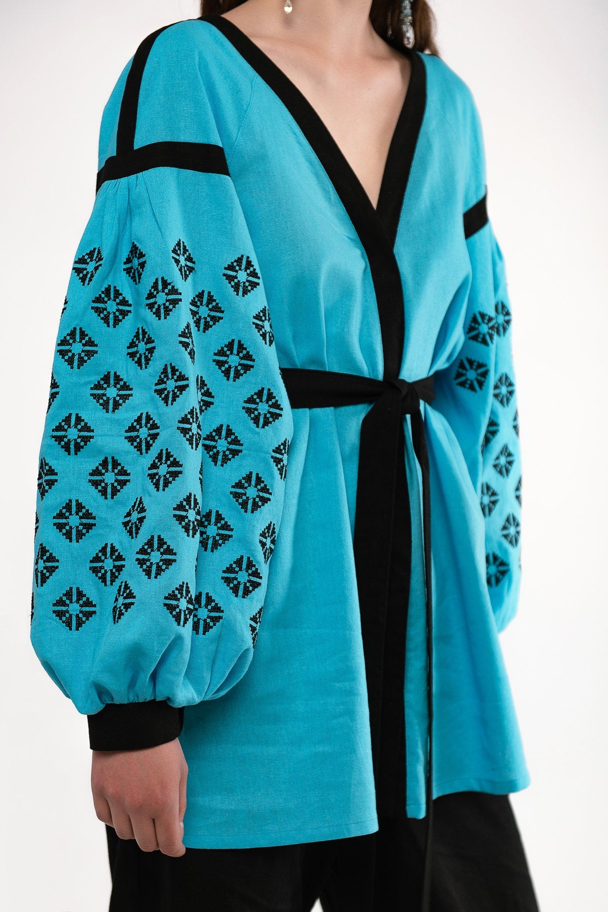 Ukrainian Vyshyvanka Blouse - Rich Blue with Black Embroidery Shirt